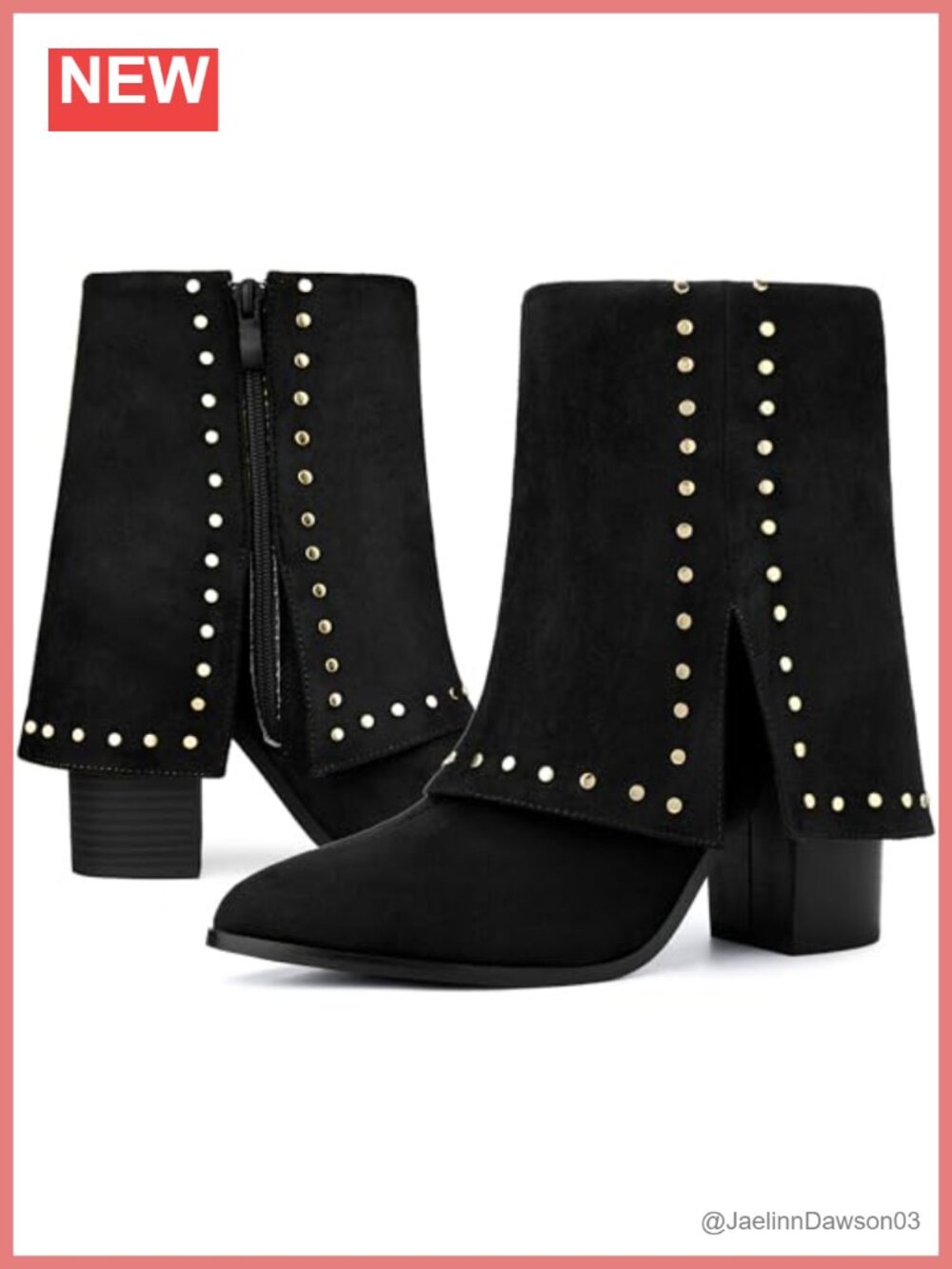 Faux Suede Fold Over Pointed Toe Studded Ankle Boots Block Heel Women